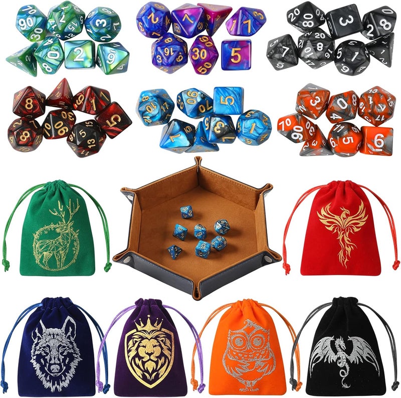 Grajar DND Dice Set, 42 Pcs polyhedral dice Set with 6 Colorful Animal Pattern Bag and PU Leather Velvet Tray for Dungeons Dragons D&D RPG MTG Table Games - Image 1